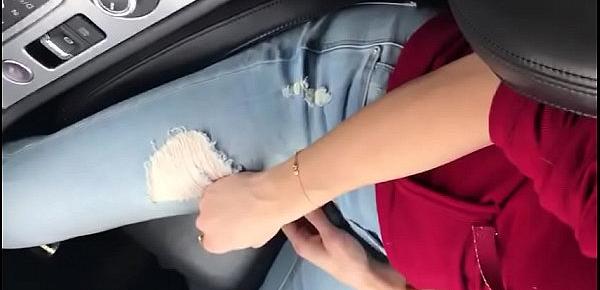  stroke small dick in car outside using phone with other hand